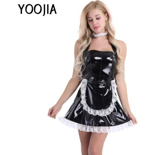 YOOJIA Women Exotic Maidservant Outfit Patent Leather Maid Dress Halloween Cosplay Costume Halter Dress with Apron and Neck Ring