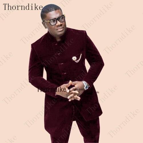 Thorndike Burgundy Purple Velvet Groomsmen Stand Collar Wedding Groom Tuxedo Men Suit Wedding Prom Dinner Best Man Blazer Pants