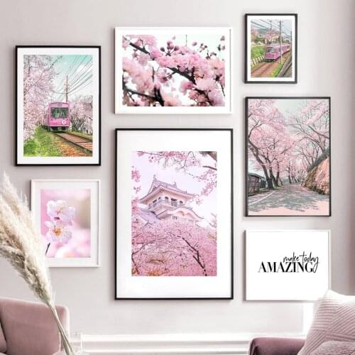 Pink Peach Blossom Train Building Quotes Wall Art Canvas Painting Nordic Posters And Prints Wall Pictures For Living Room Decor
