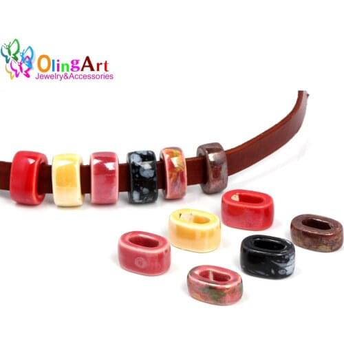 OlingArt 18*10mm 6Pcs/lot Leather clasps Ceramic square hole beads New Hot Sale Multicolor mixing DIY Jewelry making leather