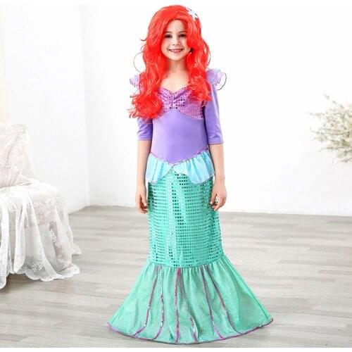 Princess Arier Dress Girls Little Mermaid Costume Kids Sequins Cosplay Party Clothes Halloween Birthday Arier Costumes and Wig