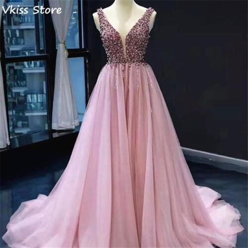 Dusty Pink Prom Dresses V-neck 2020 Beading Crystal Sleeveless A-line Sweep Train Sexy Backless Evening Dressкоктейльные платья