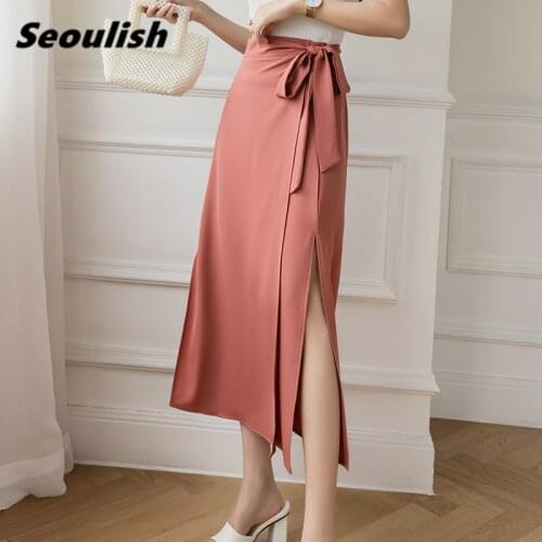 Seoulish Spring Summer 2021 New Elegant Womens Skirts Lace Up Irregular High Waist Side Split Office Female Korean Long Skirts