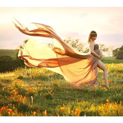 Chiffon Long Train Maternity Photography Props Outfit Slit Front Stretchy Off-the-shoulder Pregnancy Photo Shoot Long Dress