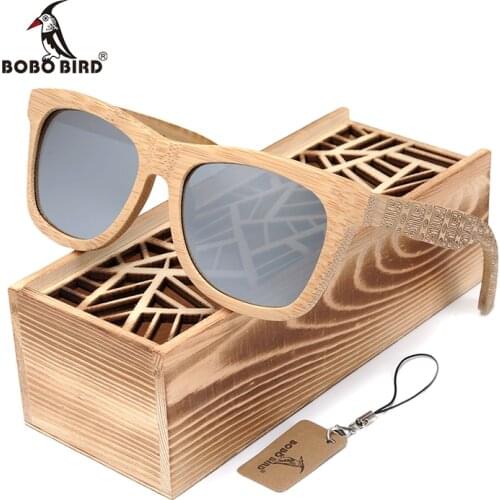 BOBO BIRD Okulary Bamboo Sunglasses With Silver Polarized Lens Men Women Glasses Pattern Engraved