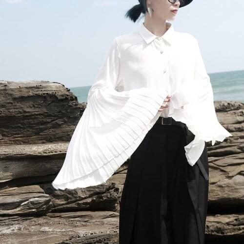 Women Blouse Cotton Lolita Style Full Solid Flare Sleeve Turn-down Collar Blouse High Street High Quality Designer Blouse