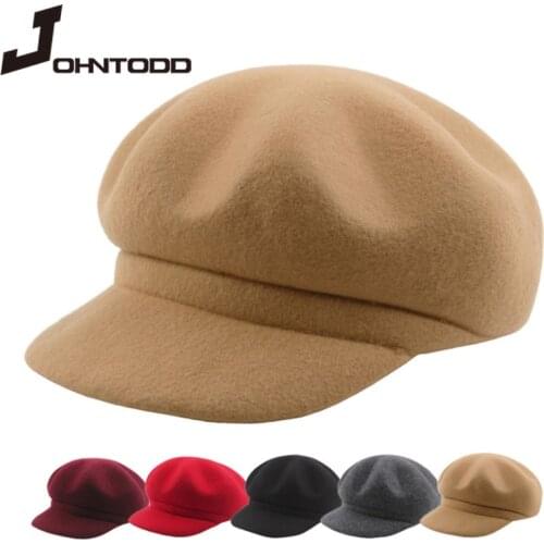 Womens autumn and winter hats solid color octagonal newsboy hats solid color men women casual wool hat beret ladies painter hat