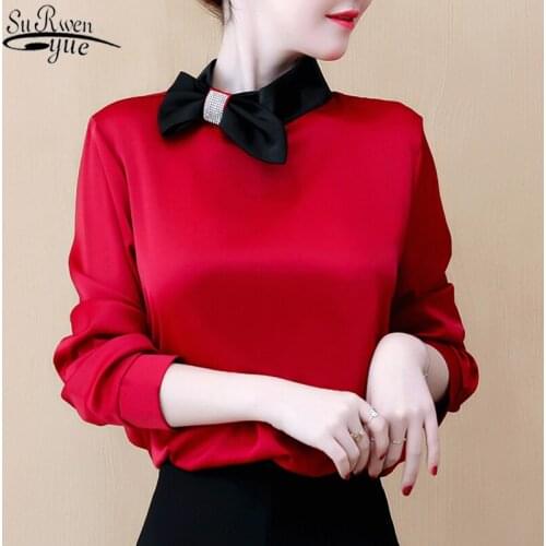 Overalls for Women Bow Collar Elegant Slim Pullover Womans Blouses 2021 Autumn Solid Long Sleeve Womans Shirts Korean 10548