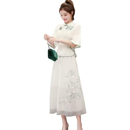 Single Piece/Set Women2021Summer Retro Cheongsam Girl Hanfu Chinese Style A-Line Skirt Half Sleeve T-Shirt Female Two-Piece Suit