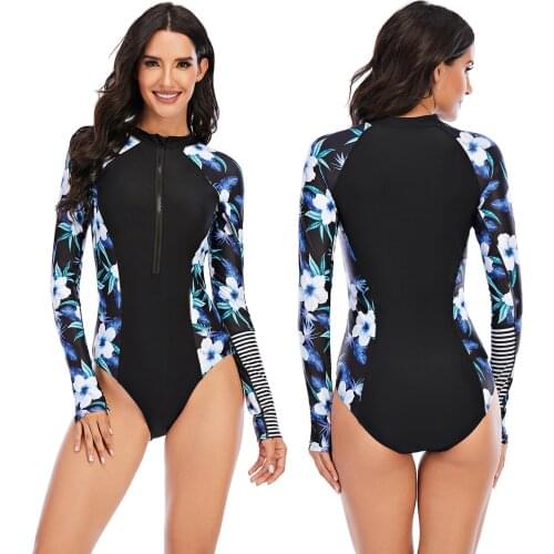 Womens Swimsuit Long Sleeve One Piece Suit Swimwear Athletic Zipper Printed Surfing Bathing Suit Maillot De Bain Femme Bodysuit