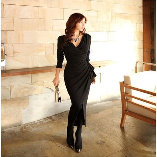 Free Shipping Ladies Sexy Split V Neck Dress Women Slim Hips Dress