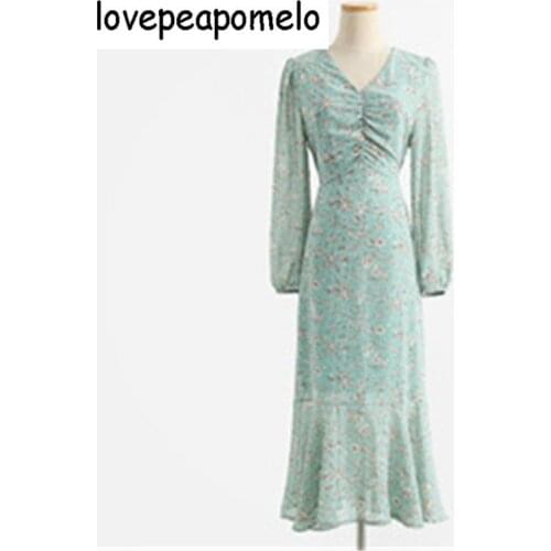 2021New Floral Printing V-Neck Womens Long Sleeve Dress Spring Summer High Waist Chiffon Mermaid Dress Dress Vestidos Femme 114