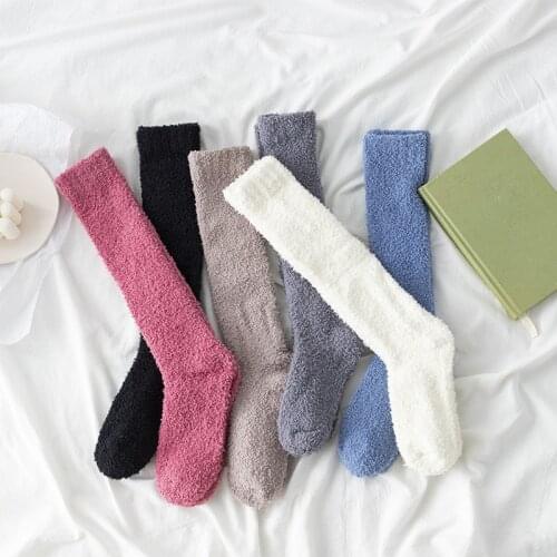 1 Pair Coral Fleece Long Tube Warm Women Socks Solid Color Winter Soft Breathable Cold Resistance Home Cute Floor Sleep Sox