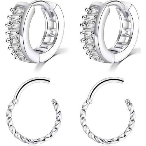 4Pcs Earring Hoop Huggie 16G Stainless Steel Cubic Zirconia Small Cartilage Earring Hoop Hinged Clicker Hoop Earring