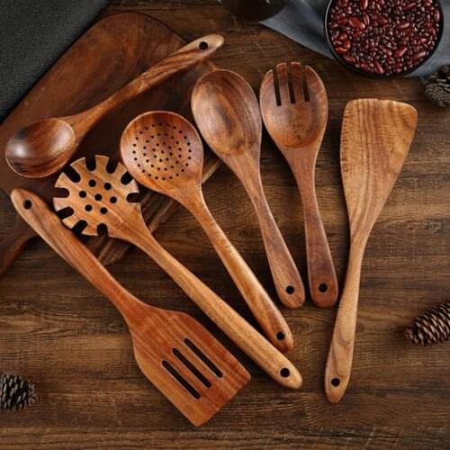 8pcs/set Teak natural wood tableware spoon colander spoon special nano soup skimmer cooking spoon wooden kitchen tool kit