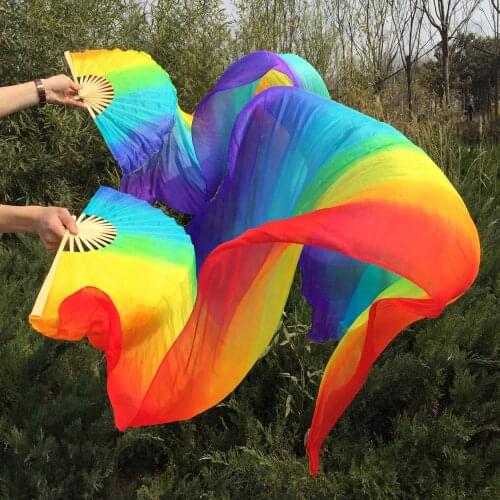 Free-Shipping Vertical Rainbow color 100% real Silk Fan Veils nice multi-color mixed long Fan Veil for Belly Dance 7 colors dyed