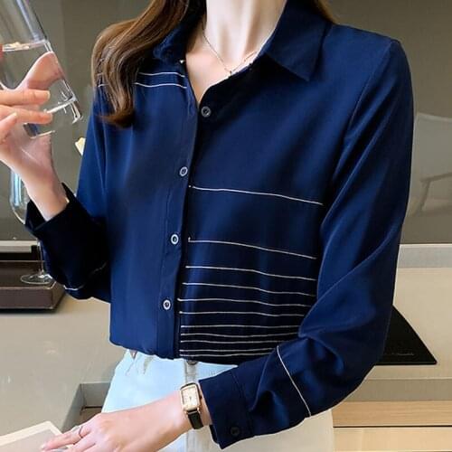 Shirt Women White Long Sleeve 2021 Autumn Chiffon Top Loose Blusas Elegant Fashion Clothing Striped Button Up Shirt blouses 1138