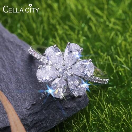 Cellacity Flower Rings for Women Silver 925 Jewelry With Gemstone New Water Drop Pear Shaped White Zircon Female Wedding Ring