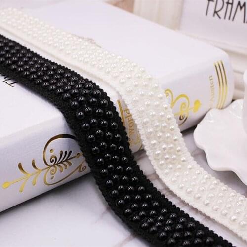 White Black Imitation Pearl Ribbon Beaded Lace Rhinestones Dress Skirt Bags Hat Socks Applique About 0.9m 1PC