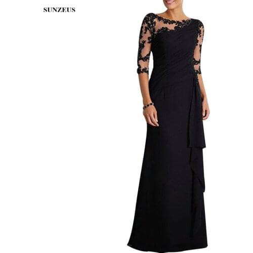 Illusion 2019 Black Mother of The Bride Dresses With 3/4 Sleeves Appliques Chiffon Mermaid Mother of The Bride Dress For Wedding