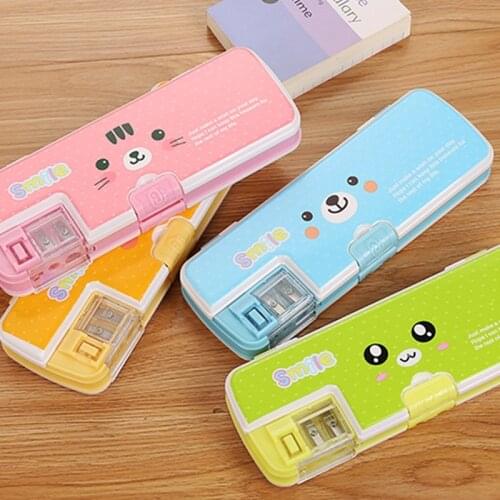 Double Layer Square Cartoon Pencilcase With Sharpener Student Creative Stationery Pencil Box Case Children Prize Party Gift