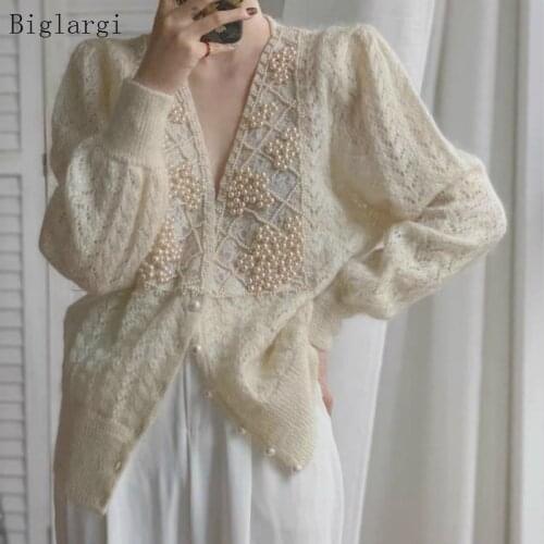 Pearl Patchwork Sweater Cardigan Women Autumn Winter Hollow Knitted Long Sleeve Cardigans Korean Style Woman Casual Tops 2021