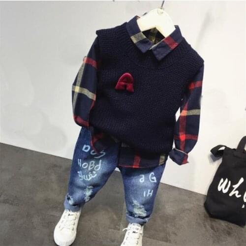 Fashion Children clothing Spring and Autumn kids casual Knitted vest + plaid shirt + jeans 3pcs/set Boys sets 2-6years