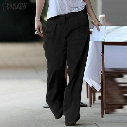 ZANZEA Fashion Streetwear Women Casual Long Trousers 2021 Female Solid Wide Leg Pants Summer Pantalon Loose Cotton Palazzo 5XL