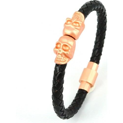 Men Skull Bracelet Manchette Cuir Genuine Leather Bangles Gold Color Twin Skull Double Skeleton Punk Jewelry for Men Women Gift