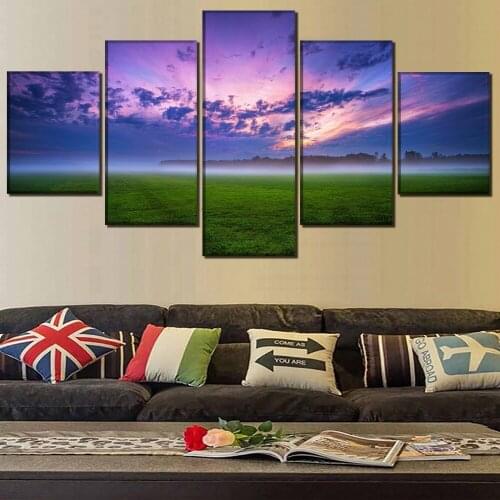 One Set Wall Art Picture Decor Framework 5 Piece Cloud Field Fog Grass Landscape Nature Sunrise Canvas Print Painting Home Decor
