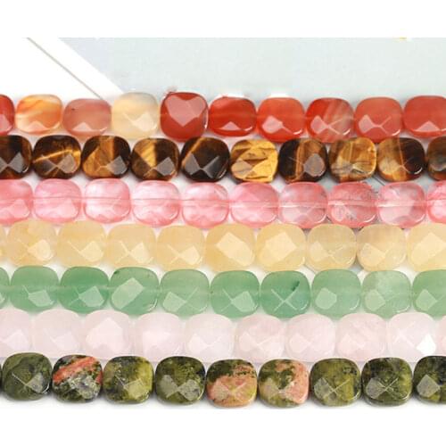 Natural 12mm Square Faceted Loose Spacer Beads For Jewelry Making 17 Pcs Red Carnelian Green Aventurine Tiger Eye Rose Quartzs