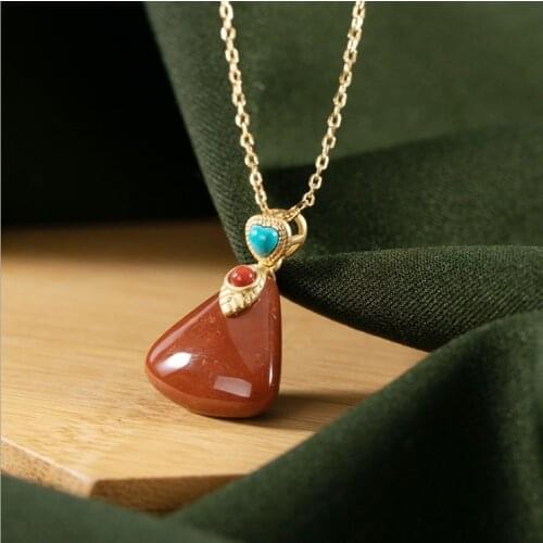 Silver inlaid natural Enamel porcelain geometric Pendant Necklace Chinese style retro elegant creative womens brand jewelry