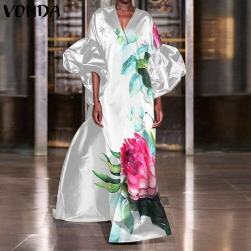 Dress For Women 2021 VONDA Autumn Puff Sleeves 3/4 Sleeve Floral Print Holiday Dresses Satin Slik Vestidos Femme Beach Sundress