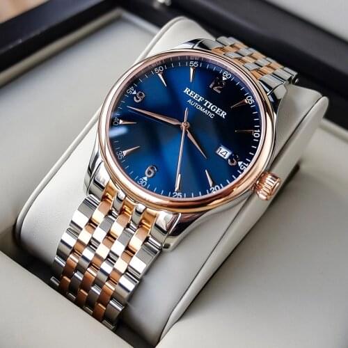 Reef Tiger/RT New Top Brand Luxury Two Tone Rose Gold Watches With Date Blue Dial Waterproof Mens Automatic Mechanical Watch