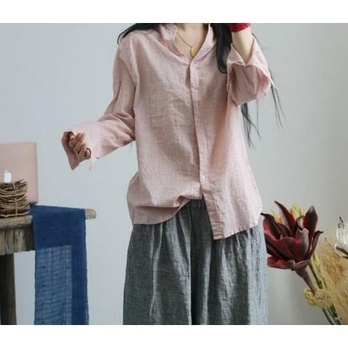Women Loose Solid Color Linen Shirts Ladies Thin Flax Blouse Tops Female Vintage Retro Pockets Shirt Simple Shirt