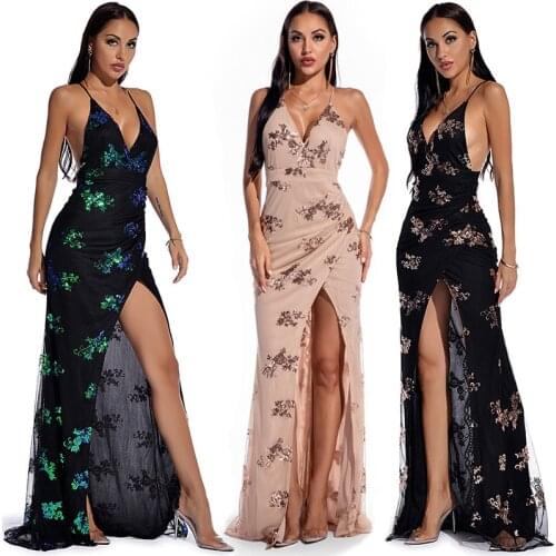 Sexy Strap Sequins Split Floor Dress 2021 Women Sexy Dress Clothing Party Nightclub Dress