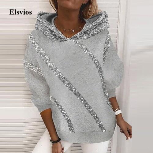 Fashion Women Sequin Glitter Hooded Sweatshirt Winter Long Sleeve Pocket Tops Pullover Autumn Casual Heart Print Harajuku Hoodie