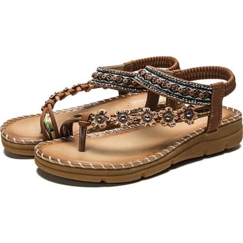 2021 new non-slip comfortable beach shoes womens sandals bohemian bright beads inlaid flower decoration flat shoes