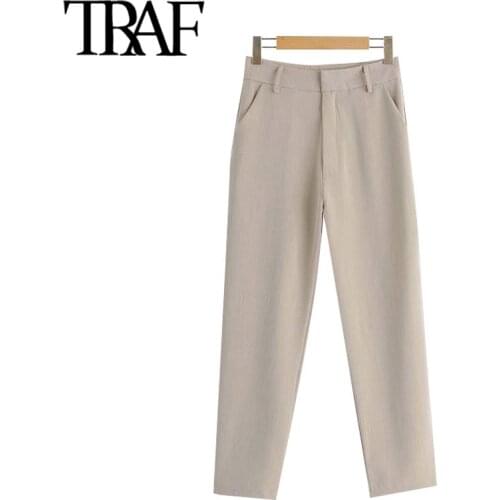 TRAF Women Chic Fashion Office Wear Side Pockets Pants Vintage High Waist Zipper Fly Female Ankle Trousers Pantalones