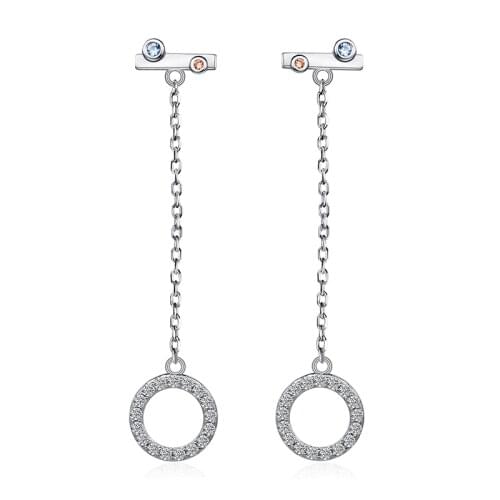 925 Sterling Silver Round Circle Drop Dangle Earrings Long White Blue Pink Cubic Zirconia Stud Earrings For Women Fine Jewelry