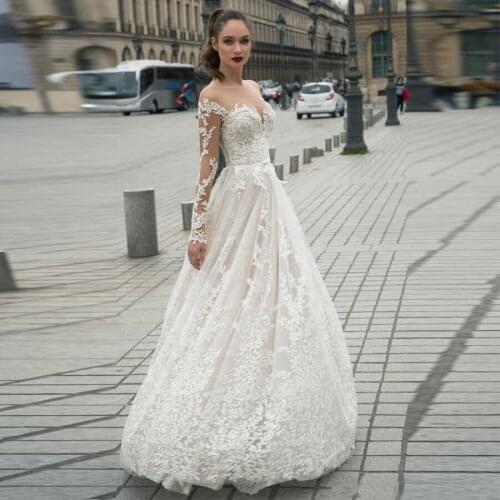 Sexy Sheer O-neck Appliques Lace With Beadings Backless Wedding Dresses Long Sleeves Belt robe mariage Bridal Dress