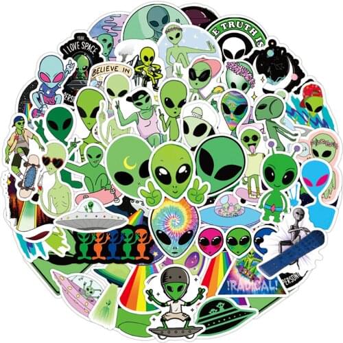 50PCS Outer Space Aliens UFO Graffiti Stickers DIY Bike Travel Luggage Guitar Laptop Waterproof PVC Cartoon Sticker for Kid Toys