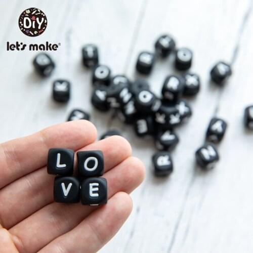 Lets Make 10pc Silicone Alphabet Letter Beads 12mm Black BPA Fress Silicone Teether DIY Teething Necklace Beads Nursing Pendant