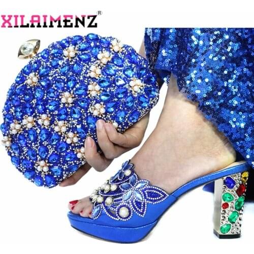 2019 Special Arrivals Wedding Italian Party Shoes with Matching Bags Ladies Shoe and Bag Set Decorated in Royal Blue for Party