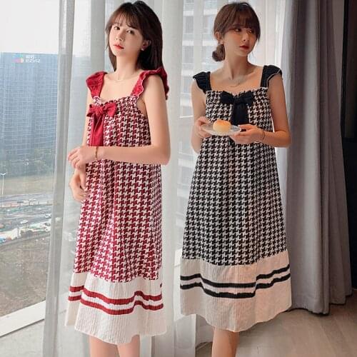 2021 Summer 100% Cotton Print Sexy Lingerie Spaghetti Strap Nightgowns for Women Cute Bow Nightdress Sleepwear Home Dress Nighty