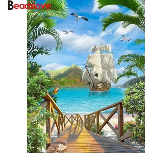 5D DIY Diamond Painting boat Seaside square Diamond Embroidery sailing on sea Landscape Cross Stitch Home Furnishing decoration