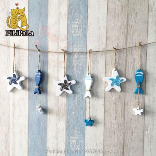 6pc Hand Made Wooden Starfish Nautical beach Decor Hang Small Adorn Crafts Wood Decorated Marine Pendant Xmas Home sea shells