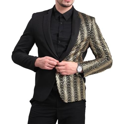 Men Suit Jackets Splicing Gold Sequin Wedding Party Hip Hop Blazers Fashion Singer Host Tuxedo Coat Nightclub Bar Stage Costume