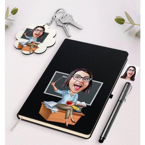 Personalized Women 'S Teacher Caricature Of Black Notebook Pen And Keychain Gift Seti-2