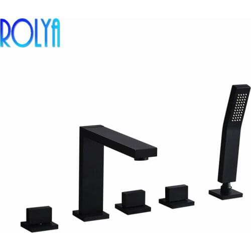 ROLYA Square Style Black Deck Mounted Roman Tub Faucet 5 Hole Bathtub Faucet Shower Mixer Tap